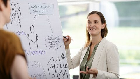 Frau mit Stift an beschriebener Scheibe